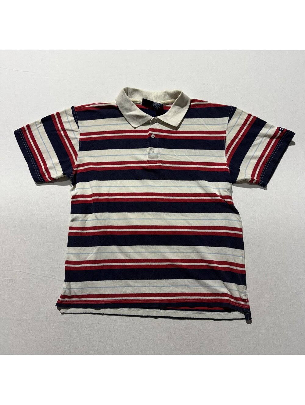 Bugle Boy Striped Polo Shirt Navy Red Cream Vintage 90s
